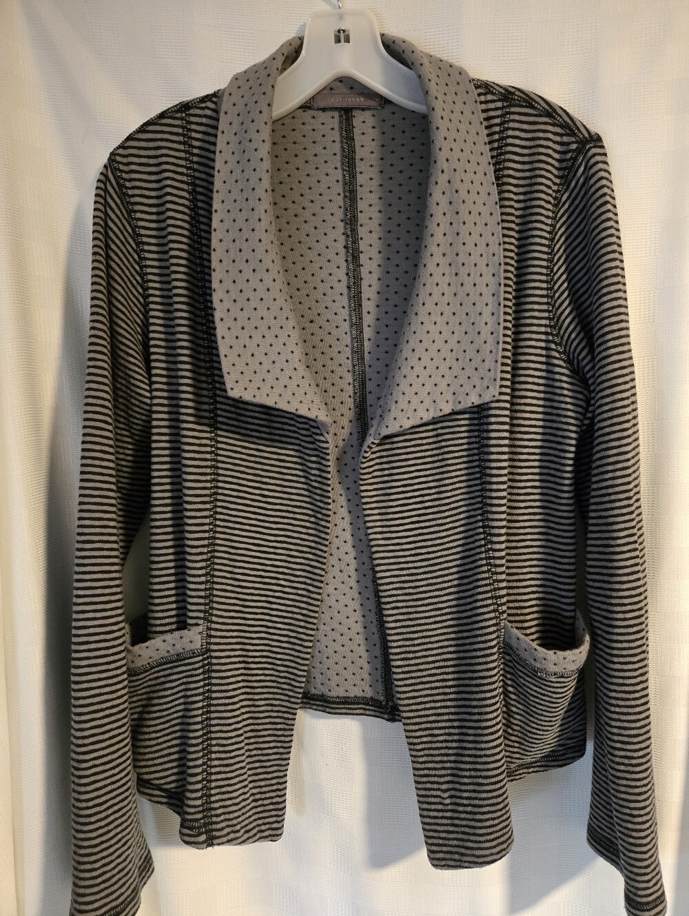 cut loose Striped Open-Front Jacket with Polka Dot Shawl Collar - Black & Gray